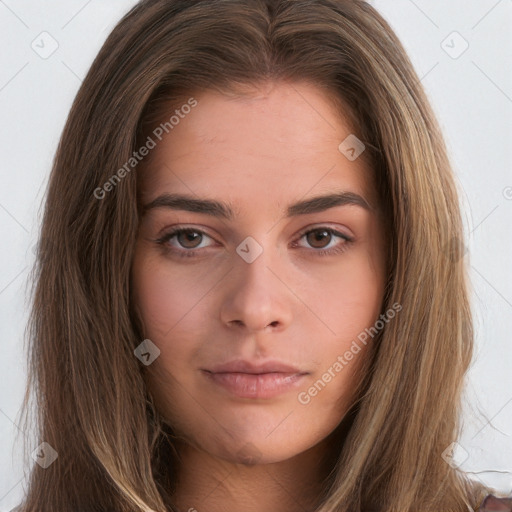 Neutral white young-adult female with long  brown hair and brown eyes