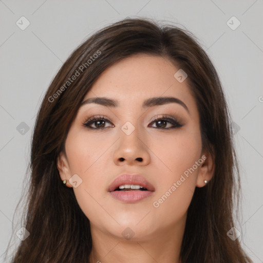 Neutral asian young-adult female with long  brown hair and brown eyes