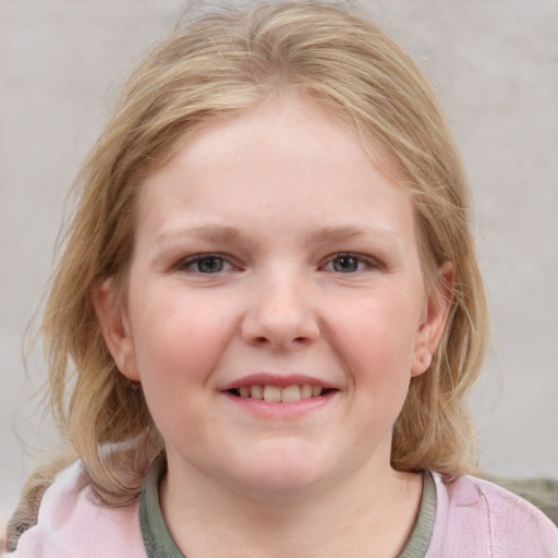 Joyful white child female with medium  brown hair and blue eyes