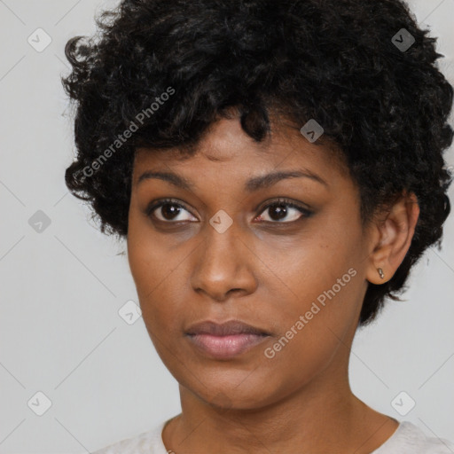 Neutral black young-adult female with short  black hair and brown eyes