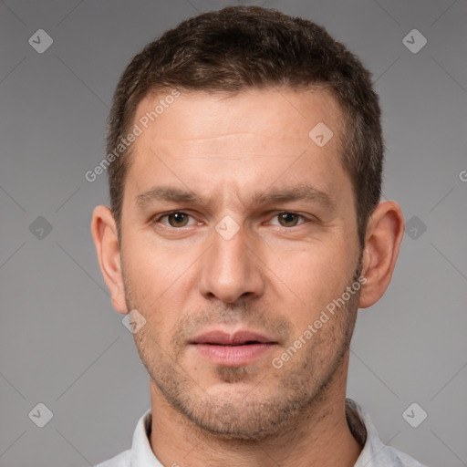 Neutral white adult male with short  brown hair and brown eyes