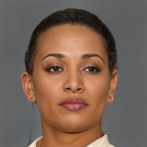 Neutral latino young-adult female with short  brown hair and brown eyes