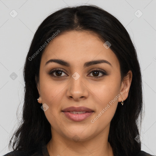 Joyful latino young-adult female with long  brown hair and brown eyes