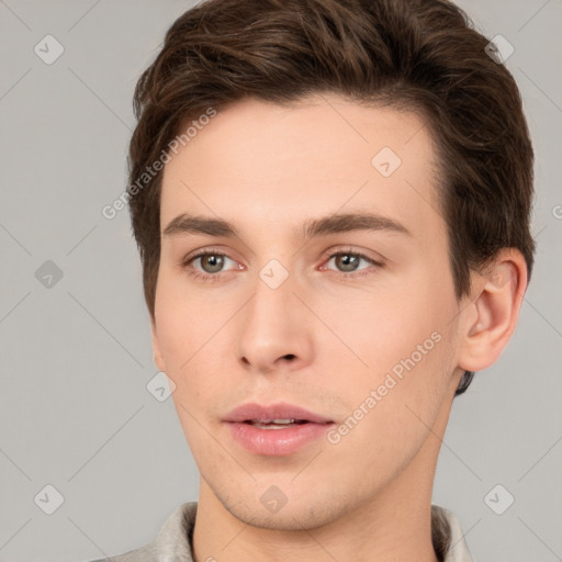 Neutral white young-adult male with short  brown hair and brown eyes