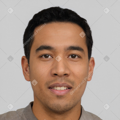 Neutral asian young-adult male with short  black hair and brown eyes