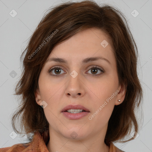 Neutral white young-adult female with medium  brown hair and brown eyes