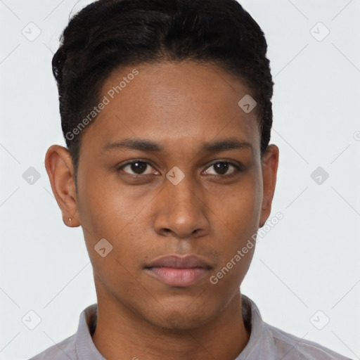 Neutral black young-adult male with short  brown hair and brown eyes