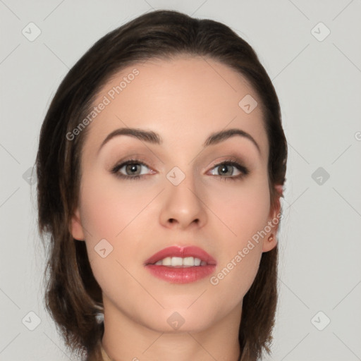 Neutral white young-adult female with medium  brown hair and brown eyes