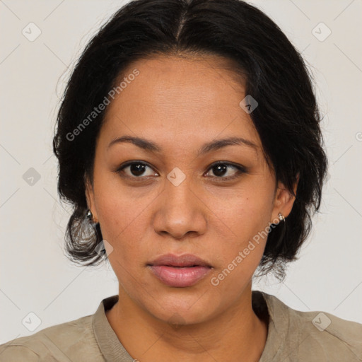 Neutral asian young-adult female with medium  brown hair and brown eyes