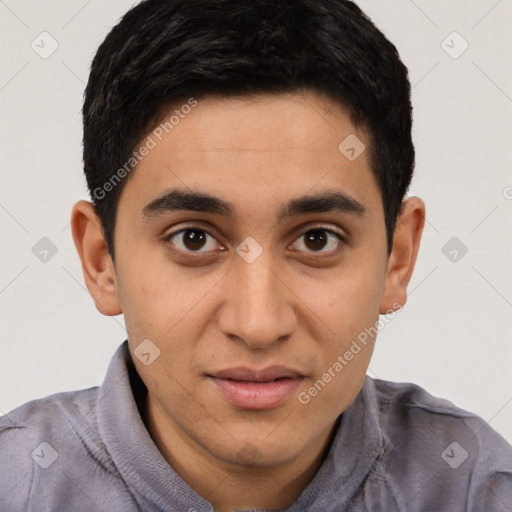 Joyful latino young-adult male with short  black hair and brown eyes