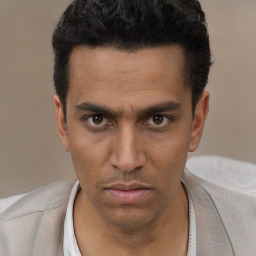 Neutral white young-adult male with short  black hair and brown eyes