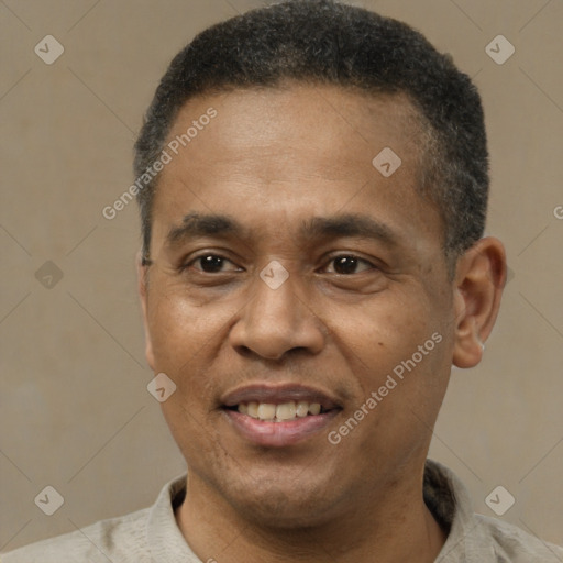 Joyful latino adult male with short  black hair and brown eyes