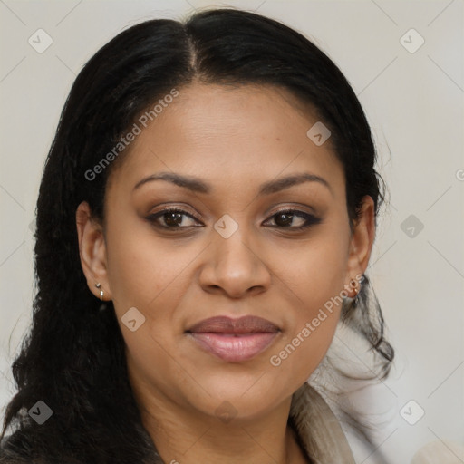 Joyful latino young-adult female with long  brown hair and brown eyes