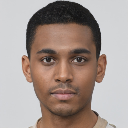Neutral black young-adult male with short  black hair and brown eyes