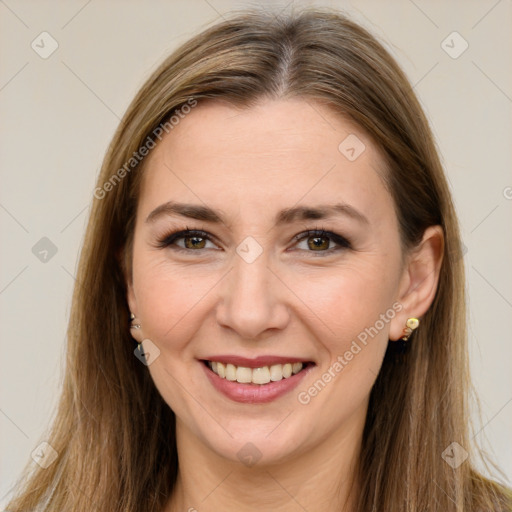 Joyful white young-adult female with long  brown hair and green eyes