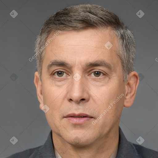 Neutral white adult male with short  brown hair and brown eyes