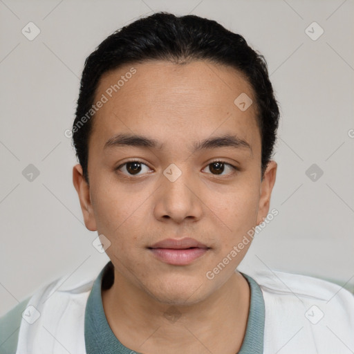 Neutral latino young-adult male with short  black hair and brown eyes
