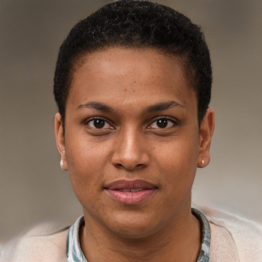 Joyful black young-adult female with short  brown hair and brown eyes