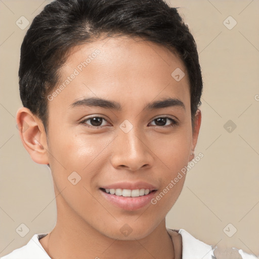 Joyful white young-adult female with short  brown hair and brown eyes