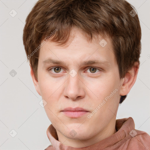 Neutral white young-adult male with short  brown hair and grey eyes