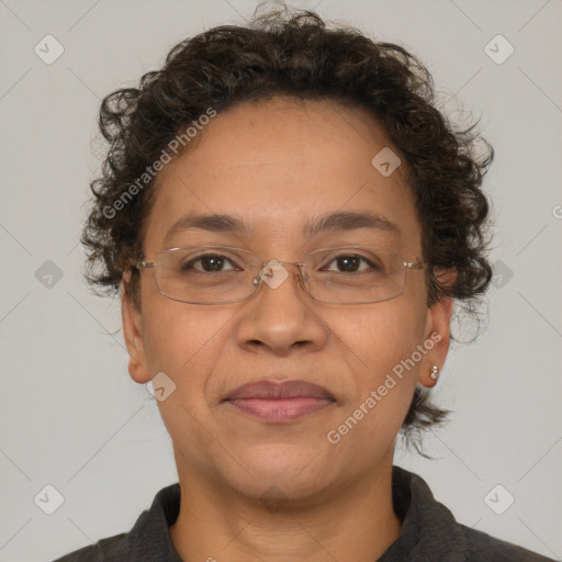 Joyful white adult female with short  brown hair and brown eyes