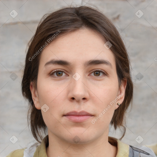 Neutral white young-adult female with medium  brown hair and grey eyes