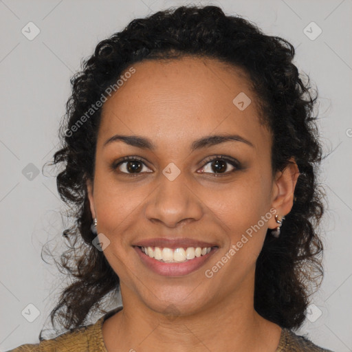 Joyful latino young-adult female with long  black hair and brown eyes