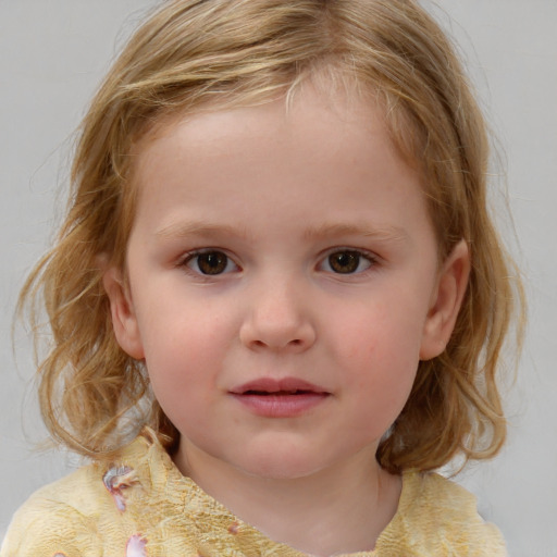 Neutral white child female with medium  brown hair and blue eyes