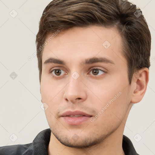 Neutral white young-adult male with short  brown hair and brown eyes