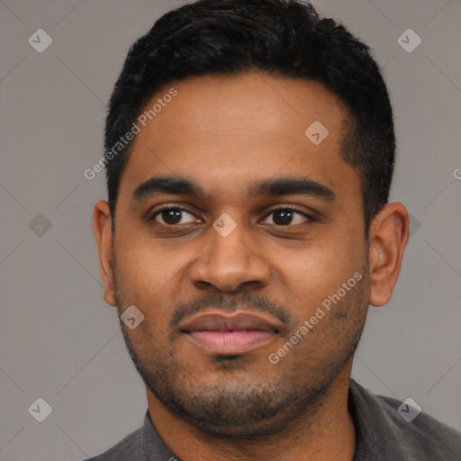 Neutral black young-adult male with short  black hair and brown eyes