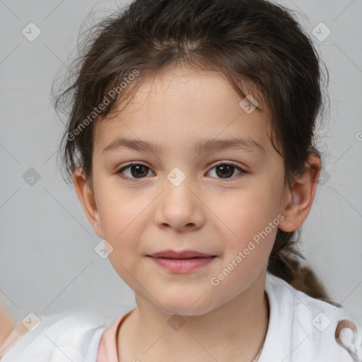 Joyful white child female with medium  brown hair and brown eyes