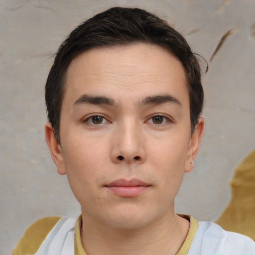 Neutral white young-adult male with short  brown hair and brown eyes