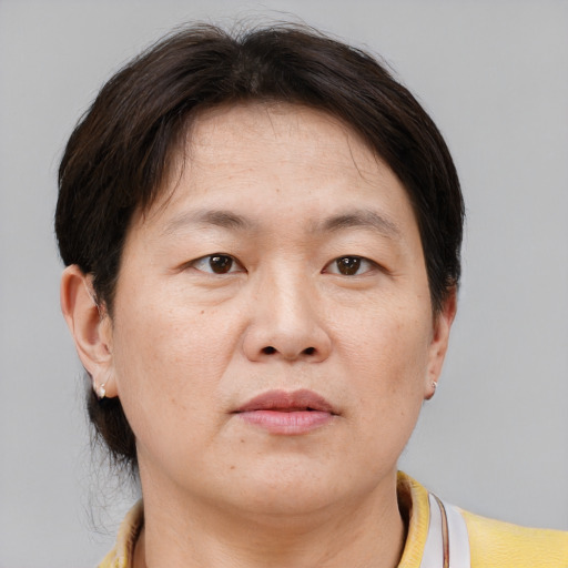 Neutral white adult female with short  brown hair and brown eyes