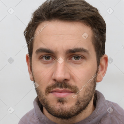 Neutral white young-adult male with short  brown hair and grey eyes