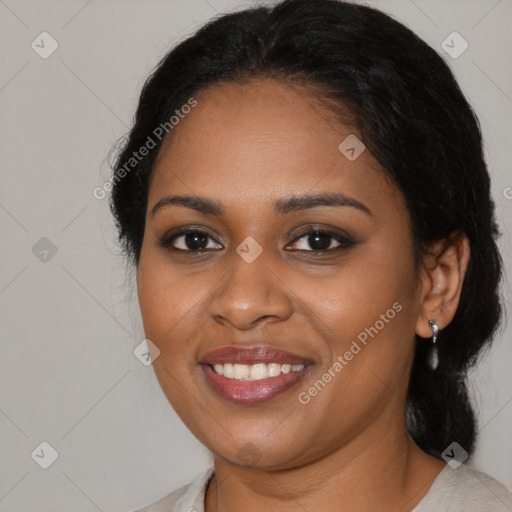 Joyful black young-adult female with medium  black hair and brown eyes