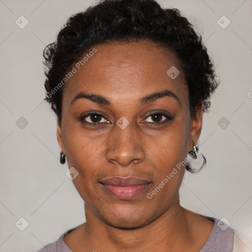 Neutral black young-adult female with short  black hair and brown eyes