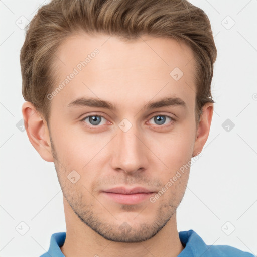 Neutral white young-adult male with short  brown hair and grey eyes