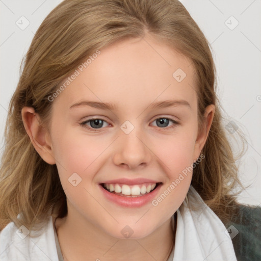 Joyful white child female with medium  brown hair and brown eyes