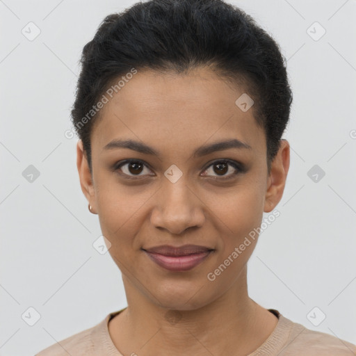 Joyful latino young-adult female with short  black hair and brown eyes