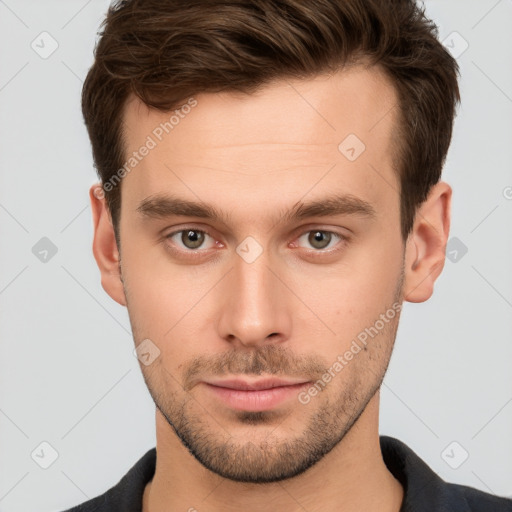 Neutral white young-adult male with short  brown hair and brown eyes