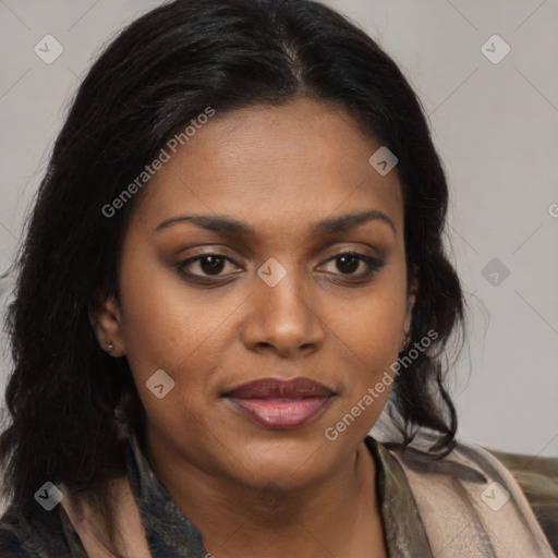 Joyful black young-adult female with long  brown hair and brown eyes