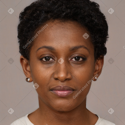 Neutral black young-adult female with short  brown hair and brown eyes