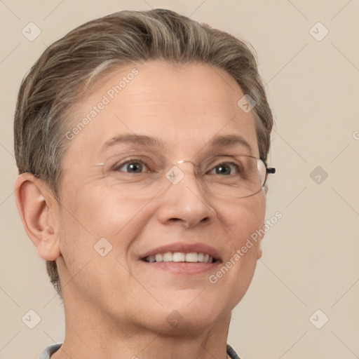 Joyful white adult female with short  brown hair and grey eyes