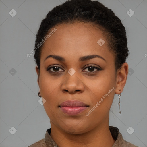 Neutral black young-adult female with short  black hair and brown eyes