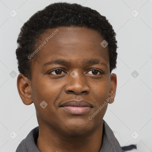 Joyful black young-adult male with short  brown hair and brown eyes