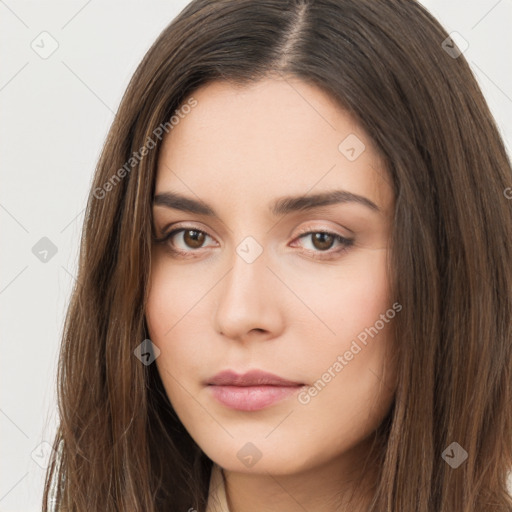 Neutral white young-adult female with long  brown hair and brown eyes