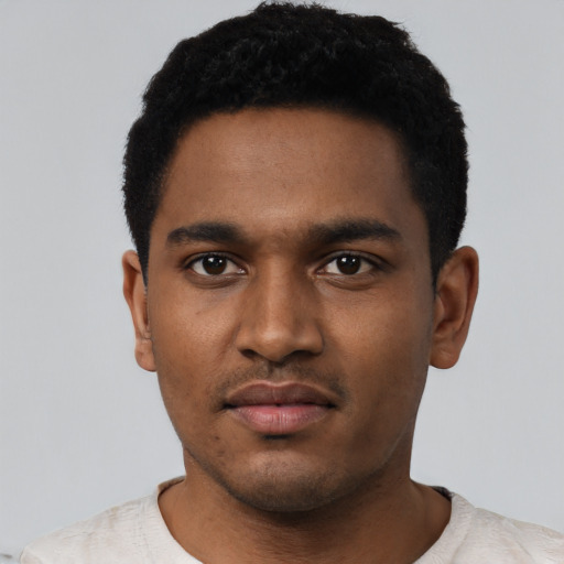 Neutral black young-adult male with short  black hair and brown eyes