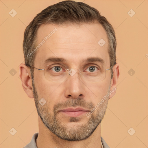 Neutral white adult male with short  brown hair and brown eyes