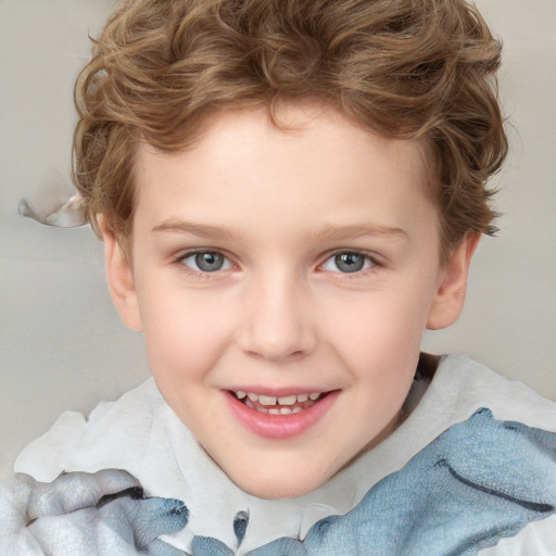 Joyful white child female with short  brown hair and blue eyes