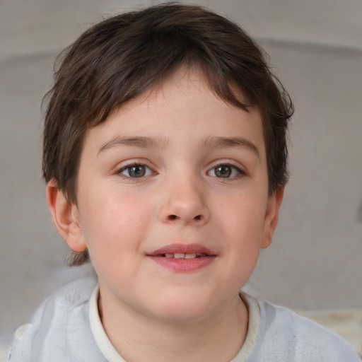 Joyful white child female with short  brown hair and blue eyes